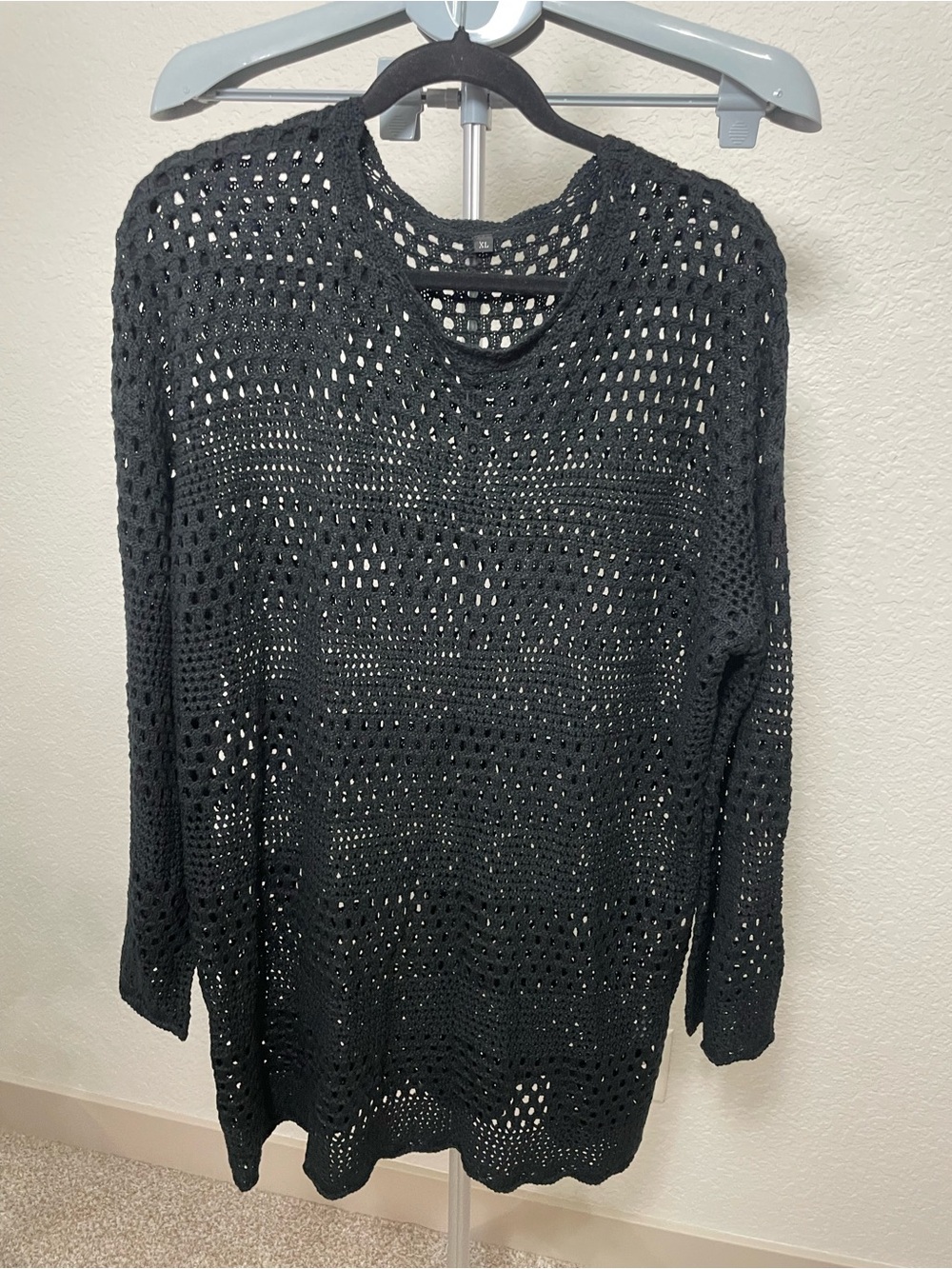 Black Crochet Knit Swim Cover Up Tunic Beach Sweater XL